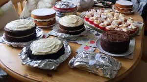 A table of baked cakes