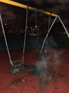 Fire damage to swings at South Park in Bootle