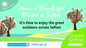 The words: Have a wonderful winter in Sefton, with images of winter trees