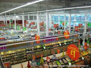 Photograph looking down on supermarket aisles.