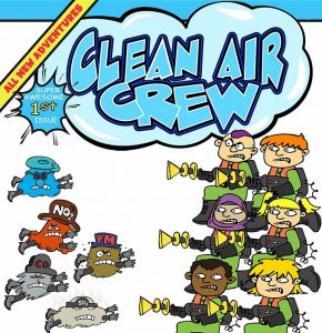 Clean Air Crew cartoon graphic of kids zapping pollution