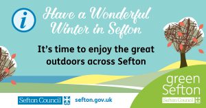Text reads Have a wonderful winter in Sefton, with imagery of wintry trees
