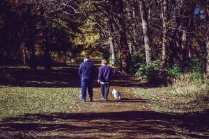A couple walking dog in the park