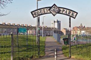 Entrance to Poets Park, Bootle, with name sign above